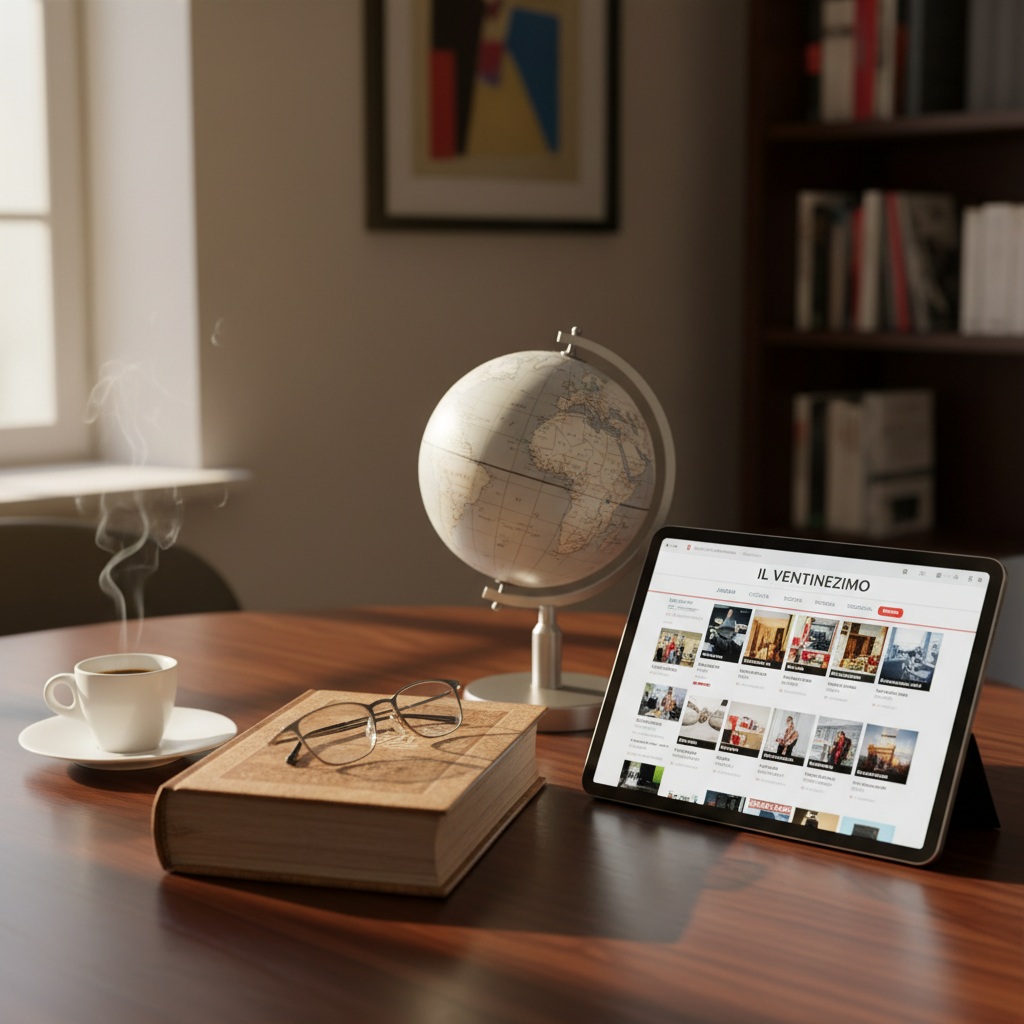 An elegant composition of culture-related objects on a dark walnut table: a classic hardcover book in Italian slightly open to reveal fine, cream-colored pages; a pair of thin-framed reading glasses folded beside it; a small, minimalist globe with detailed continents; and a tablet displaying the homepage of “Il Ventunesimo” featuring diverse news sections. A ceramic espresso cup on a simple saucer sits nearby, a faint wisp of steam rising. Warm late-afternoon light enters from the left, casting long, soft shadows and creating a cozy, intellectual atmosphere. Photographic realism with a shallow depth of field keeps the tablet and book in crisp focus while subtly blurring the background, reinforcing the idea of accessible culture and informed reading in a refined, contemporary setting.