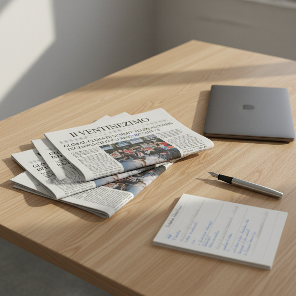 A sleek bundle of freshly printed newspapers fanned neatly across a clean, light oak desk, each front page showing sharp, legible headlines and a subtle masthead reading “Il Ventunesimo.” Around the newspapers lie a minimalist silver fountain pen, a closed dark gray laptop, and a slim notepad with orderly, handwritten notes. Soft, diffused daylight from an unseen window washes over the surface, creating gentle highlights on the paper fibers and muted shadows along the desk’s grain. Captured at an eye-level three-quarter angle in photographic realism, the composition follows the rule of thirds, with a calm, professional atmosphere that suggests reliable, thoughtful news coverage and a modern, trustworthy digital newsroom.