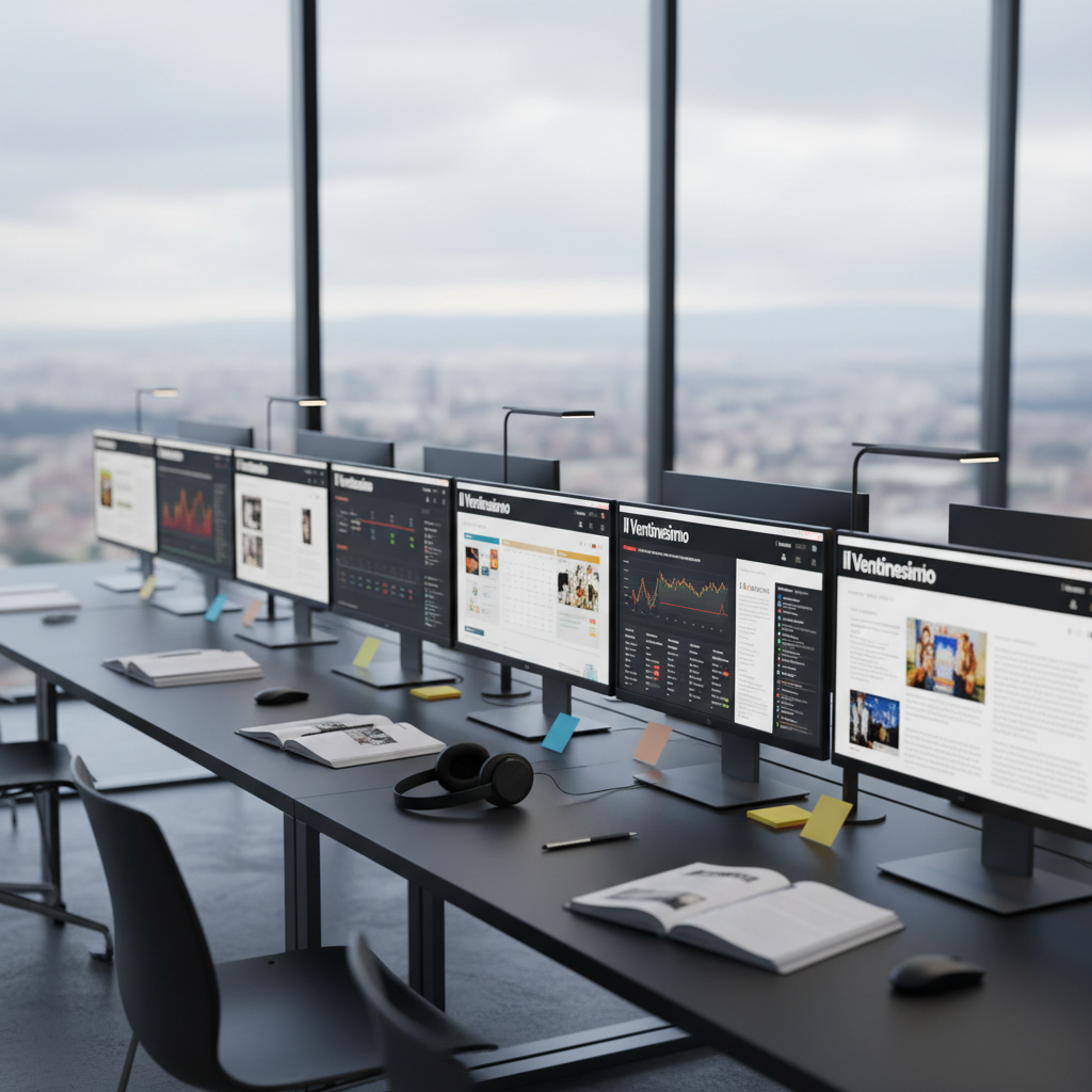 A modern digital newsroom environment without people, featuring multiple ultra-thin monitors on a long, matte black desk, each screen displaying different news dashboards, charts, and article layouts labeled with the logo “Il Ventunesimo.” Color-coded sticky notes, organized stacks of printed pages, and a pair of minimalist black headphones rest on the surface. Large floor-to-ceiling windows reveal an abstract, softly blurred cityscape. Cool, diffused daylight mixes with subtle warm desk-lamp accents, creating a balanced, focused mood. Shot from a slightly elevated angle with medium depth of field, in clean photographic realism, the image conveys a young yet professional editorial hub dedicated to culture and current events, with an atmosphere of quiet intensity and organized creativity.